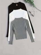 3pcs Set Stand Collar Ribbed Base Layer Stretch Plain Color Versatile Vintage - Mixed colors