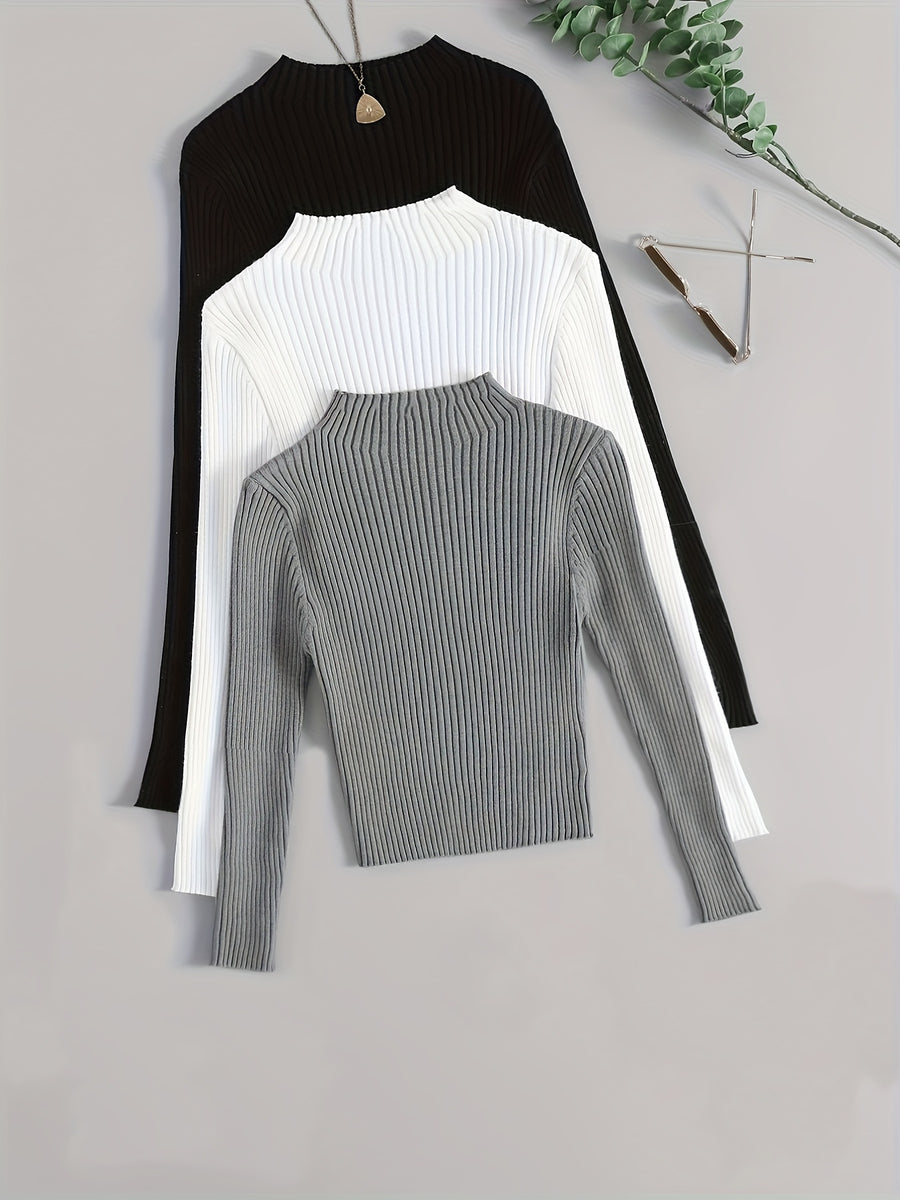 3pcs Set Stand Collar Ribbed Base Layer Stretch Plain Color Versatile Vintage - Mixed colors