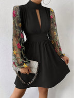 Women'S Elegant Black A-Line Dress with Floral Mesh Sleeves - High Neck, Waist-Cinching, Perfect for Summer Events, Casual to Formal Attire, Formal Attire|Floral Pattern Dress|Elegant Sleeve Design, Floral Print Dress - Black