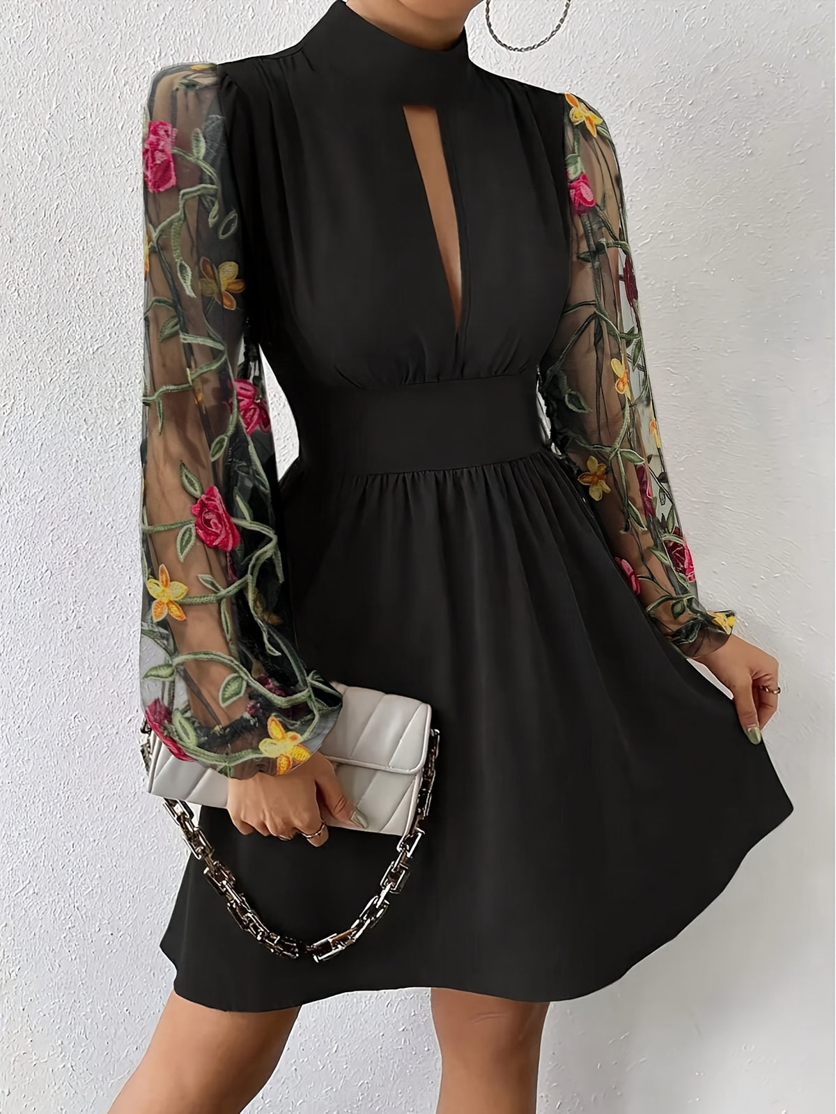 Women'S Elegant Black A-Line Dress with Floral Mesh Sleeves - High Neck, Waist-Cinching, Perfect for Summer Events, Casual to Formal Attire, Formal Attire|Floral Pattern Dress|Elegant Sleeve Design, Floral Print Dress - Black