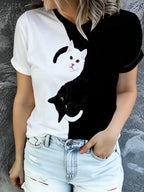 Women's Cat Lover T-Shirt with Full-Body Black & White Kitten Print - Short Sleeve Crew Neck Summer Top Suitable for Daily Wear, Outdoor, Casual for Cat-Themed Outfits - Mixed colors