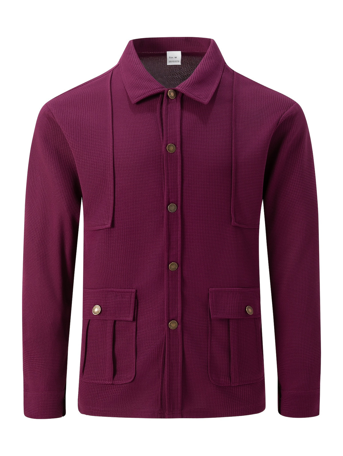 Men'S New Fall Winter Waffle Knit Shirt Jacket with Lapel, Multi-Pocket Button-Front Cargo Jacket - Burgundy