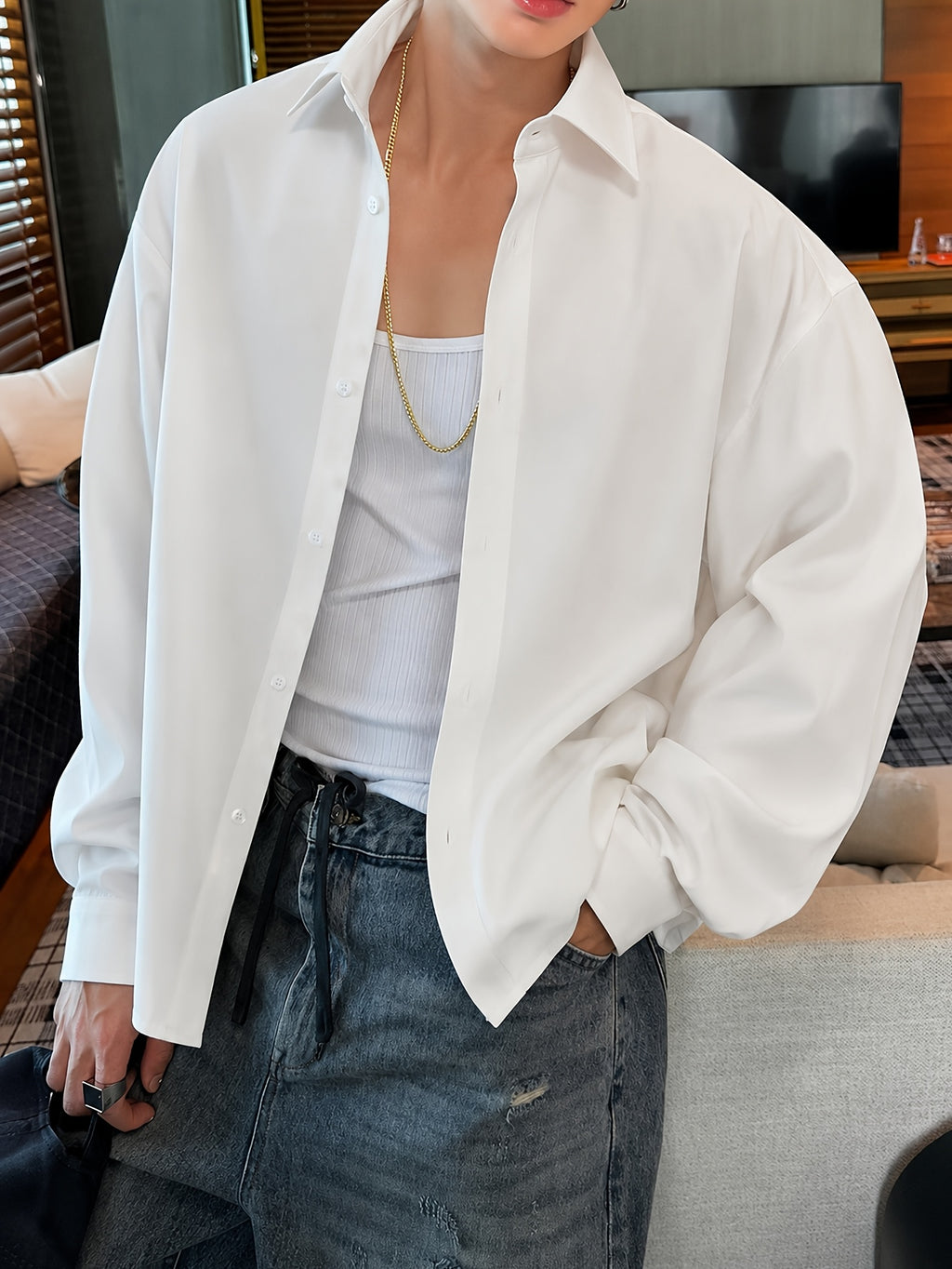 Solid Color Long Sleeve Shirt for Men, Fashionable Spring/Autumn Casual Loose White Shirt, Daily Commute Business Workwear, Korean Style Temperament Top Shirt Jacket - White