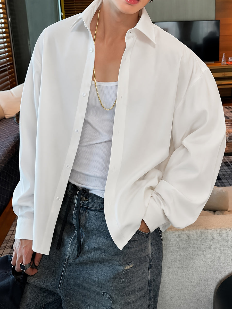 Solid Color Long Sleeve Shirt for Men, Fashionable Spring/Autumn Casual Loose White Shirt, Daily Commute Business Workwear, Korean Style Temperament Top Shirt Jacket - White