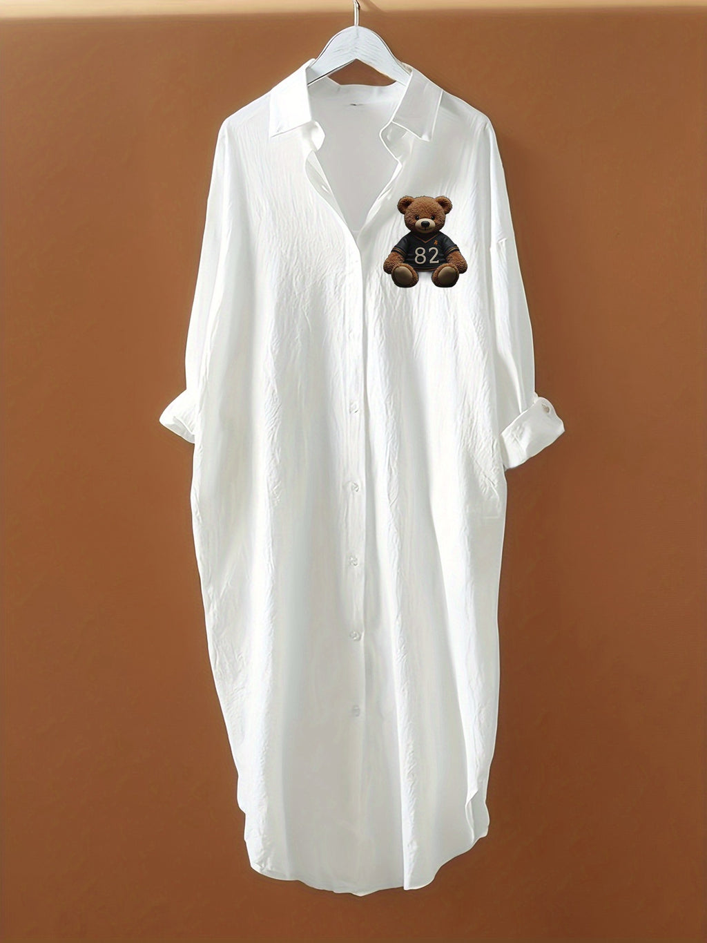 Women'S Spring, Summer, And Autumn Workplace Casual White Printed Shirt with a Single-Breasted Design And a Loose Fit. The Unique Bear Print Adds a Cute And Fashionable Touch, Creating a Unique Style. Women'S Summer Women'S Tops - White