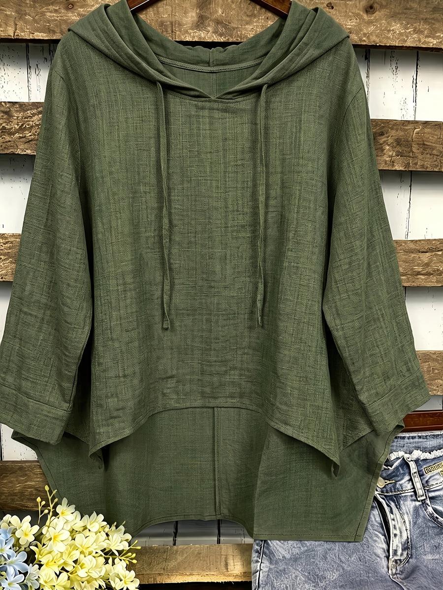 Plus Size, Plus Size Women's Hooded Shirt, Solid Color Irregular Hem Loose Fit Casual Shirt Top - Olive Green