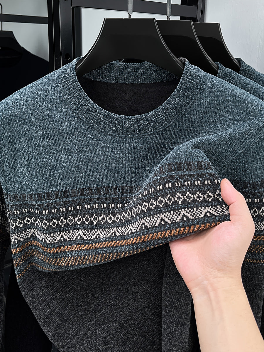 Men's Crew Neck Jacquard Knit Sweater, Autumn/Winter Mid-Life Warm Base Layer Top - Grey
