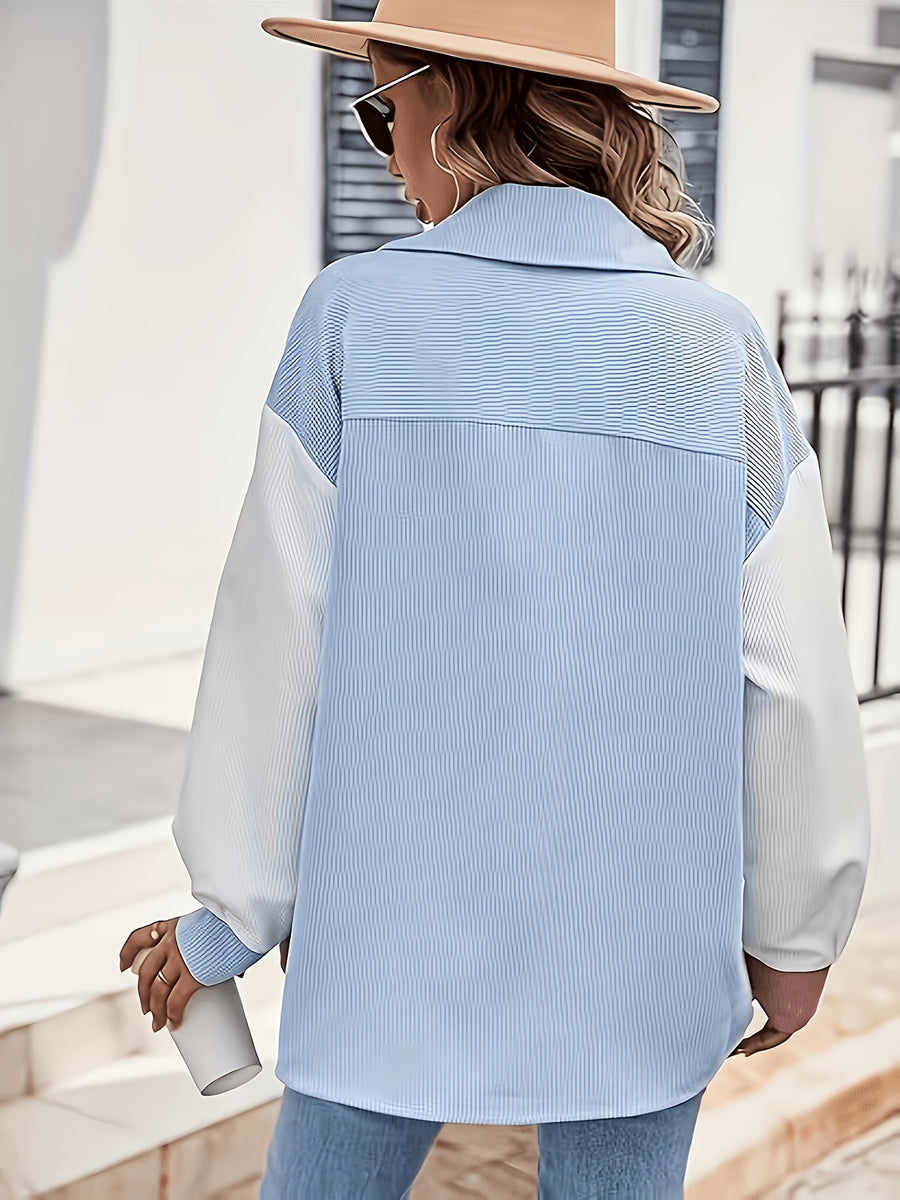 Elegant Women'S Spring Autumn Color-Block Long Sleeve Versatile Shirt Contrast Color Corduroy Shirt Jacket, Patchwork Color-Block Shirt Jacket, Early Autumn Loose Casual Cardigan, Fresh Blue Pink Color-Block Shirt - Mixed colors