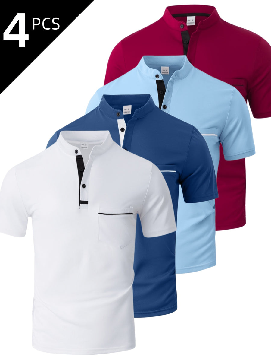 [Josh May OBM] 4pcs Set, Solid Color Stand-Up Collar Henley Shirts, Breathable Quick-Dry Casual Shirts, Lightweight Stretch, No Ironing Required, Durable And Wearable, Button-Up Design, Suitable for Summer Office, Yacht Wear, Casual Attire - White+Sea Blue+Light Blue+Wine Red