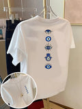Evil Eye, Hamsa Hand Print Tshirt Short Sleeve Crew Neck Casual Top for Summer Spring, Women's Clothing - White