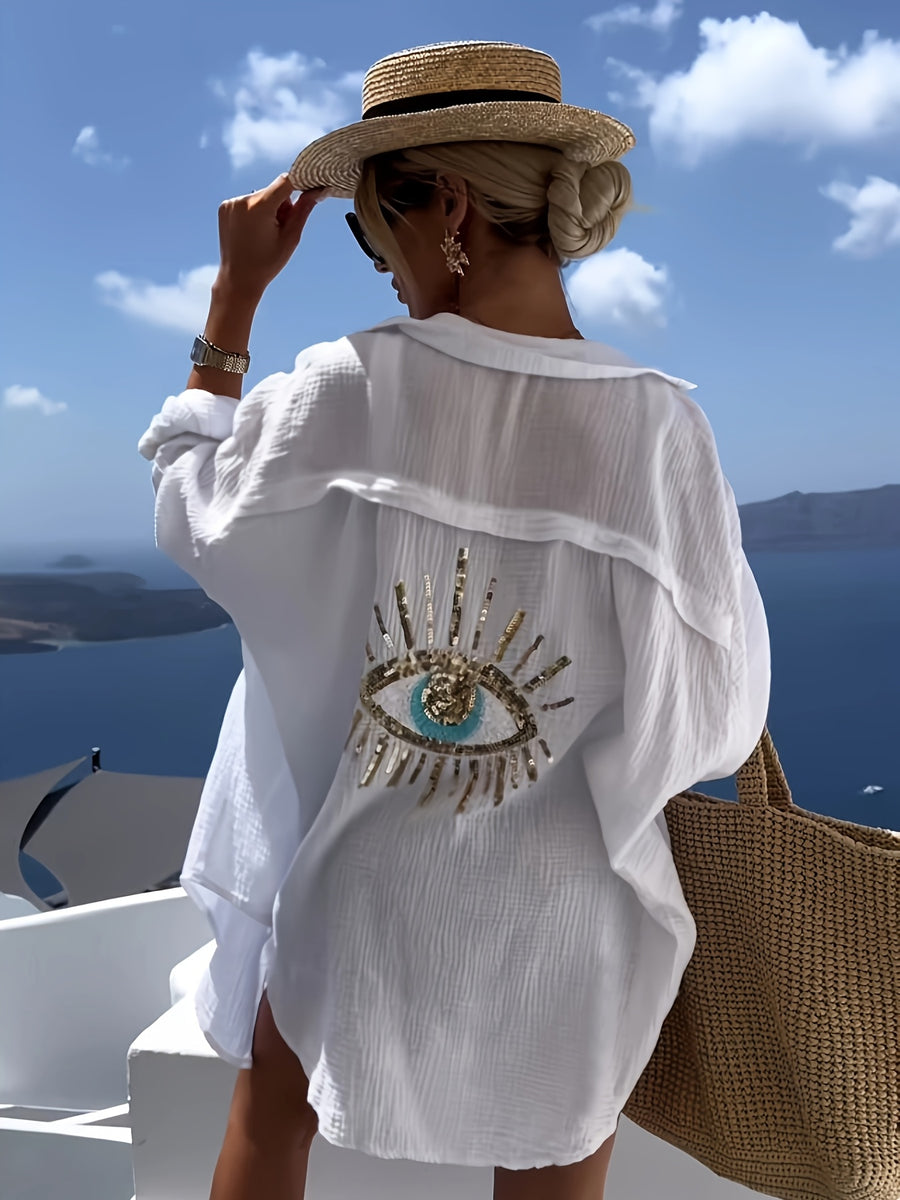 Fashionable Spring/Summer Elegant French-Style Loose Fit Casual Women's Long Sleeve Shirt with Eyelet Detail at the Back - White