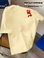 Men'S Fashion Short Sleeve T-Shirt, Minimalist Red Letter Pattern Print, Casual Regular Knit Tee, Suitable for Daily Wear, Couple Style, Unisex, Summer New Arrival, Versatile Style - Khaki
