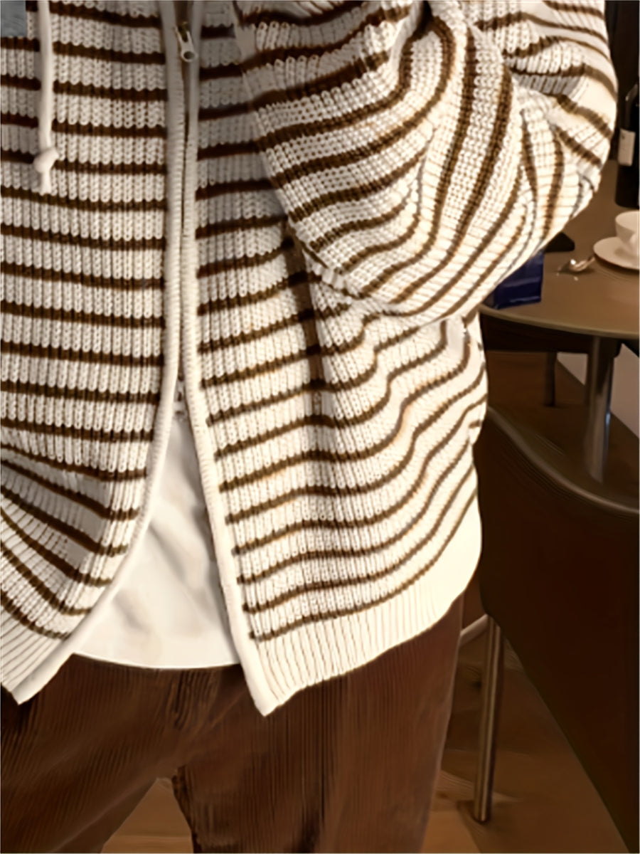 New Autumn/Winter Warm Fashionable Versatile Casual Men's Knit Cardigan Long Sleeve, Lazy Style Striped Hooded Cardigan Sweatshirt, Contrast Color Outerwear Sweater with Double-End Zipper and Adjustable Drawstring, for Work, School - Apricot