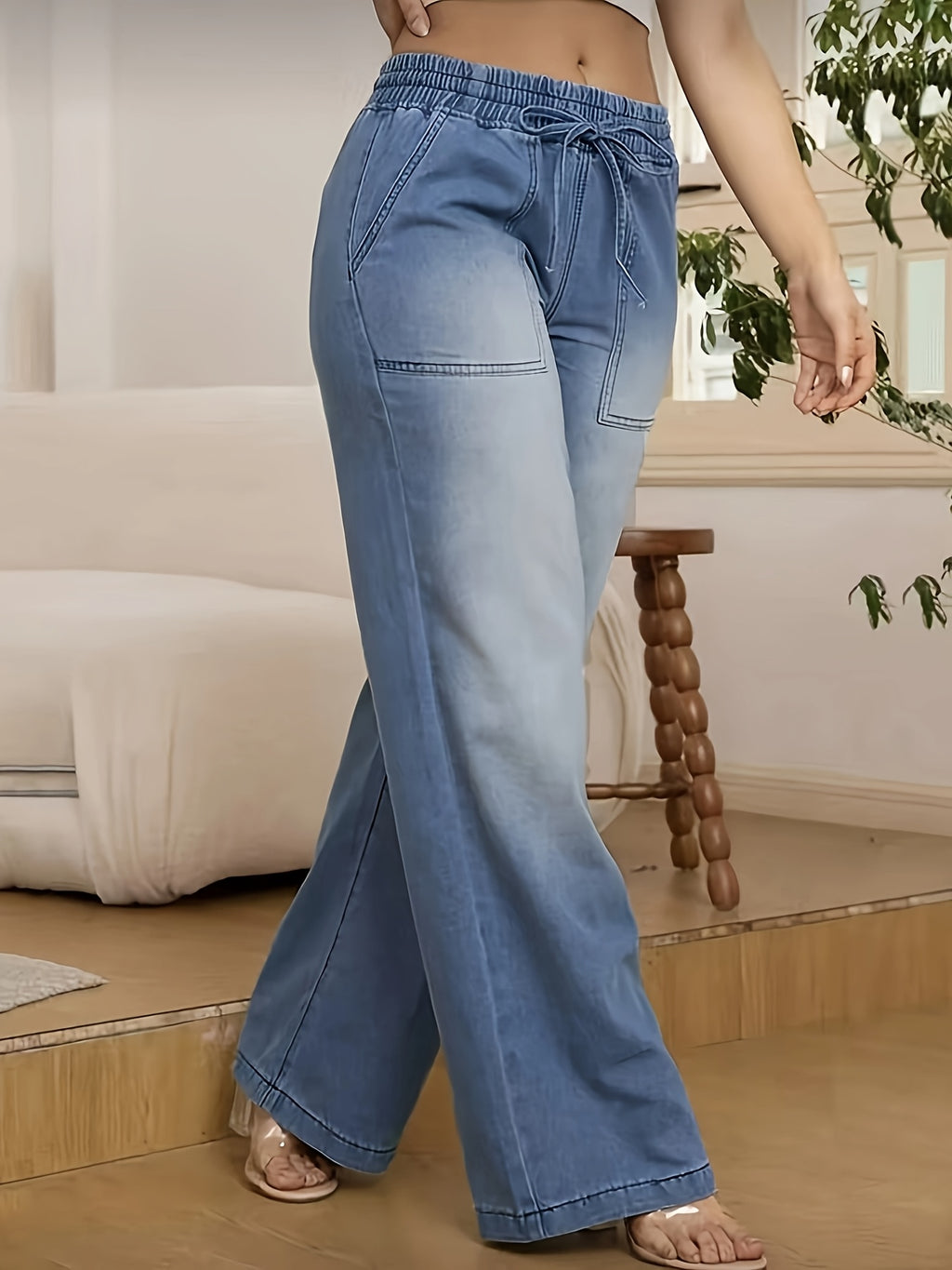 Elastic Waistband Drawstring Pocket Jeans - Medium Blue