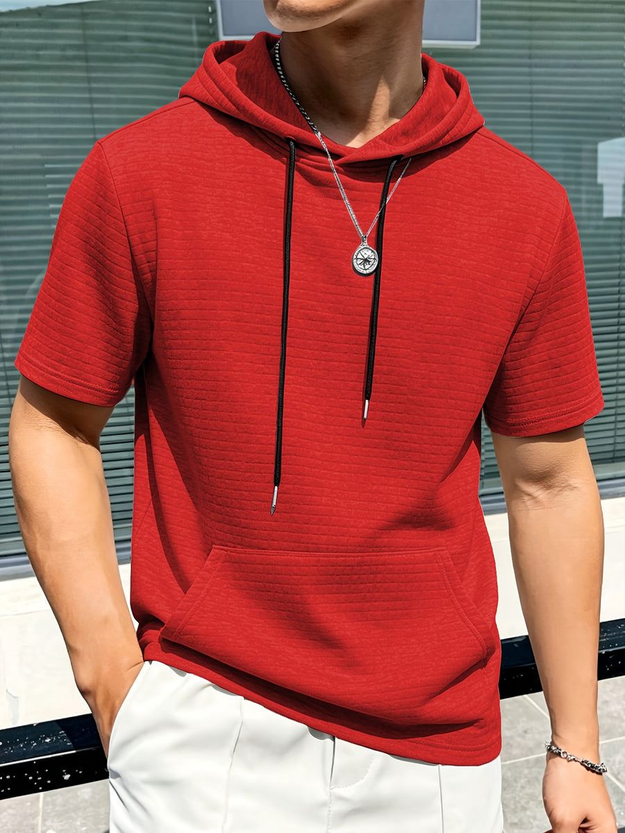 Men's Short-Sleeve Hoodie with Plaid Texture - Solid Color Hooded, Machine Washable Summer Casual Wear Suitable for Daily Outings, Gifts, Commemorative Present for Friends, Versatile Layering for Warmth (Regular Fit) - Red