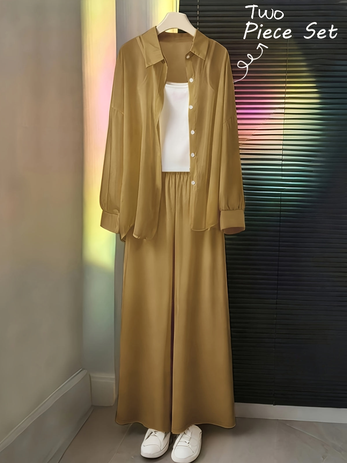 AK260514094 Women's Fashion Commuter Lapel Button- Long Sleeve Shirt and Elastic Waistband Patch Pocket Wide-Leg Long Pants 2pcs Set - ginger-colored