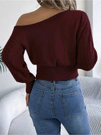 Fashionable and Elegant Off-shoulder Openwork Long-sleeve Sweater, Perfect for Casual Autumn and Winter Wear. Women's Long-sleeve Top, Autumn Clothing, Women's Shirt Top - Burgundy