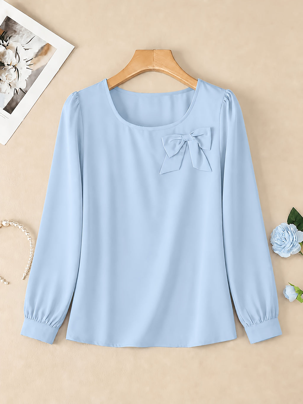 Elegant Casual Long-Sleeve Blouse with Bow and Lantern Sleeves, Solid Color Top ASD1 - Light Blue