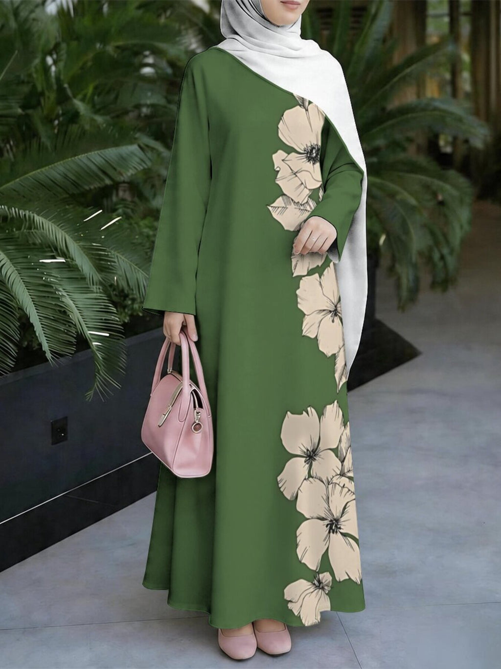 Women'S Hot Middle Eastern Style Muslim Elegant Robe, Army Green Side-Seam Light Floral Printed Robe, Loose Long Sleeve Flowing Cut, for Prayer, Outings, And Banquets, Lightweight And Breathable Non- Craft - Mixed colors