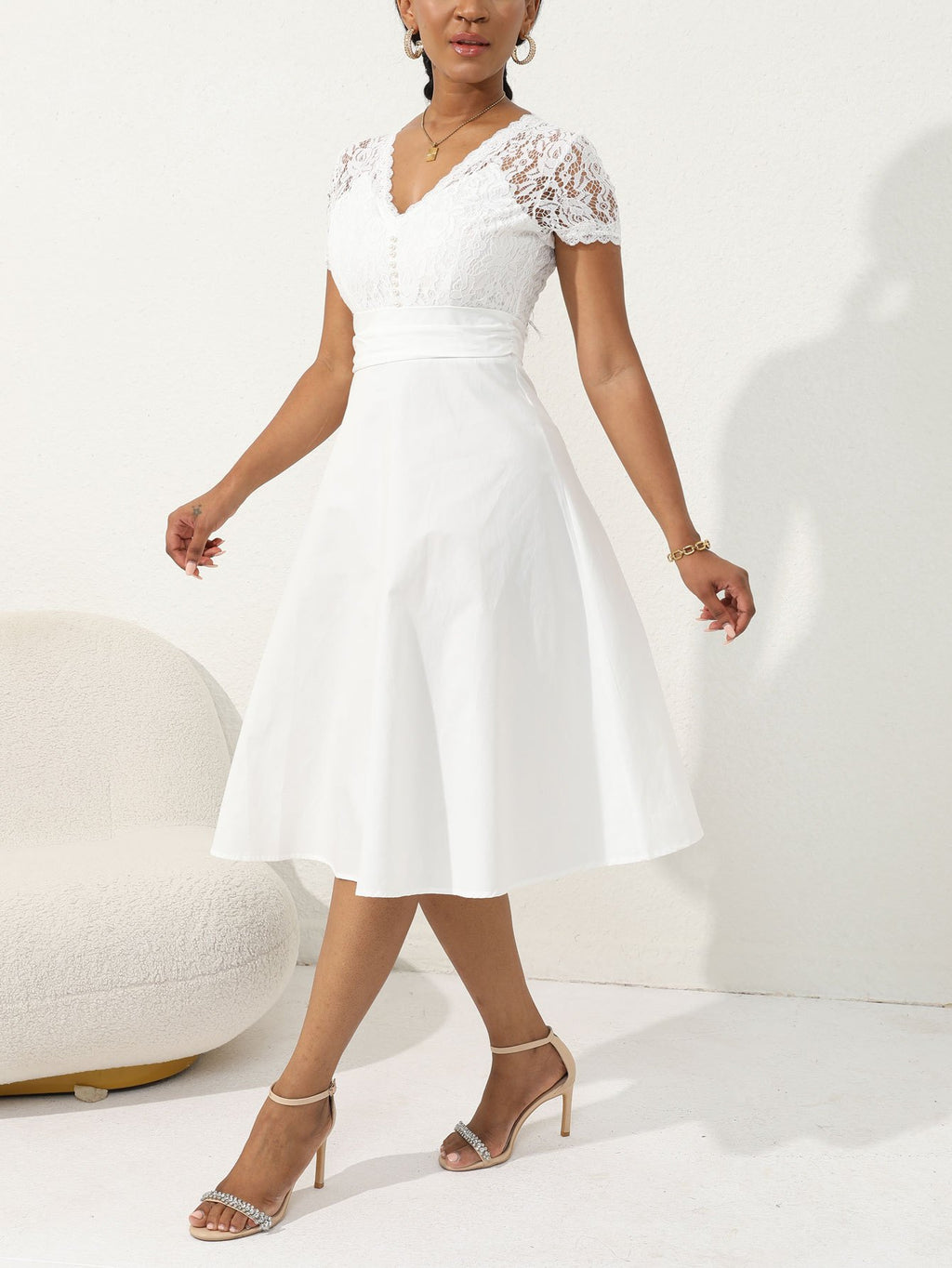 Spring Summer Women'S Elegant Pure V-Neck Lace Short Sleeve Midi Dress, Suitable for Weddings And Garden Parties And Other Special Occasions - Ivory White
