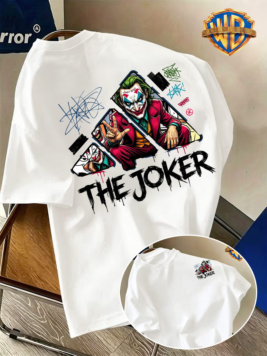 Back-To-School Season Warner Authorized Pure Men'S Short Sleeve T-Shirt, Street Graffiti Style Red Suit Joker Victory Gesture Half-Body Portrait Creative Cartoon Pattern Print, Men'S Casual Trendy Summer Top, Multiple Sizes Available - White