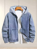 Men's Casual Loose Fit Zip-Up Hooded Denim Jacket, Blue - Medium Blue