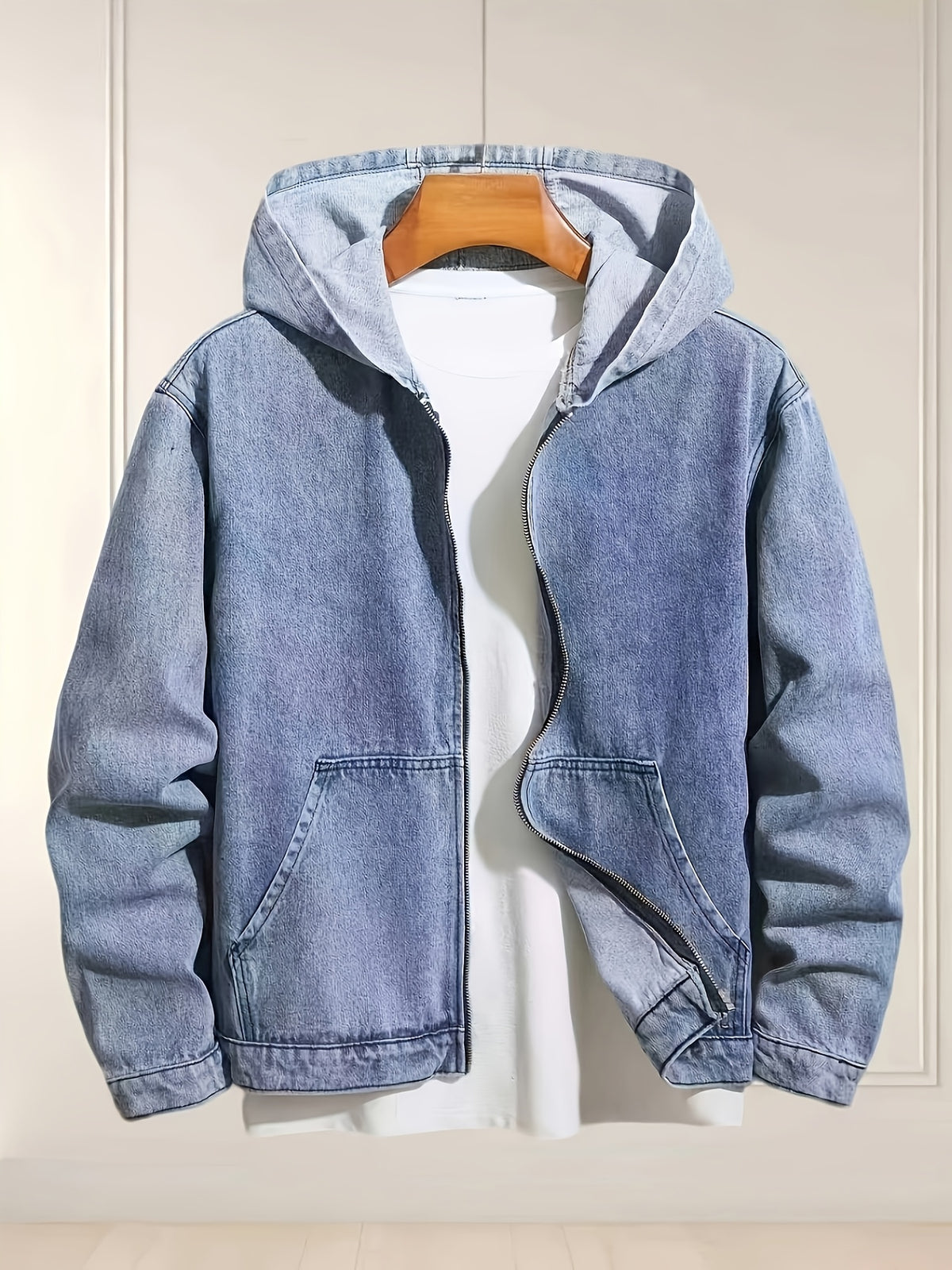 Men's Casual Loose Fit Zip-Up Hooded Denim Jacket, Blue - Medium Blue