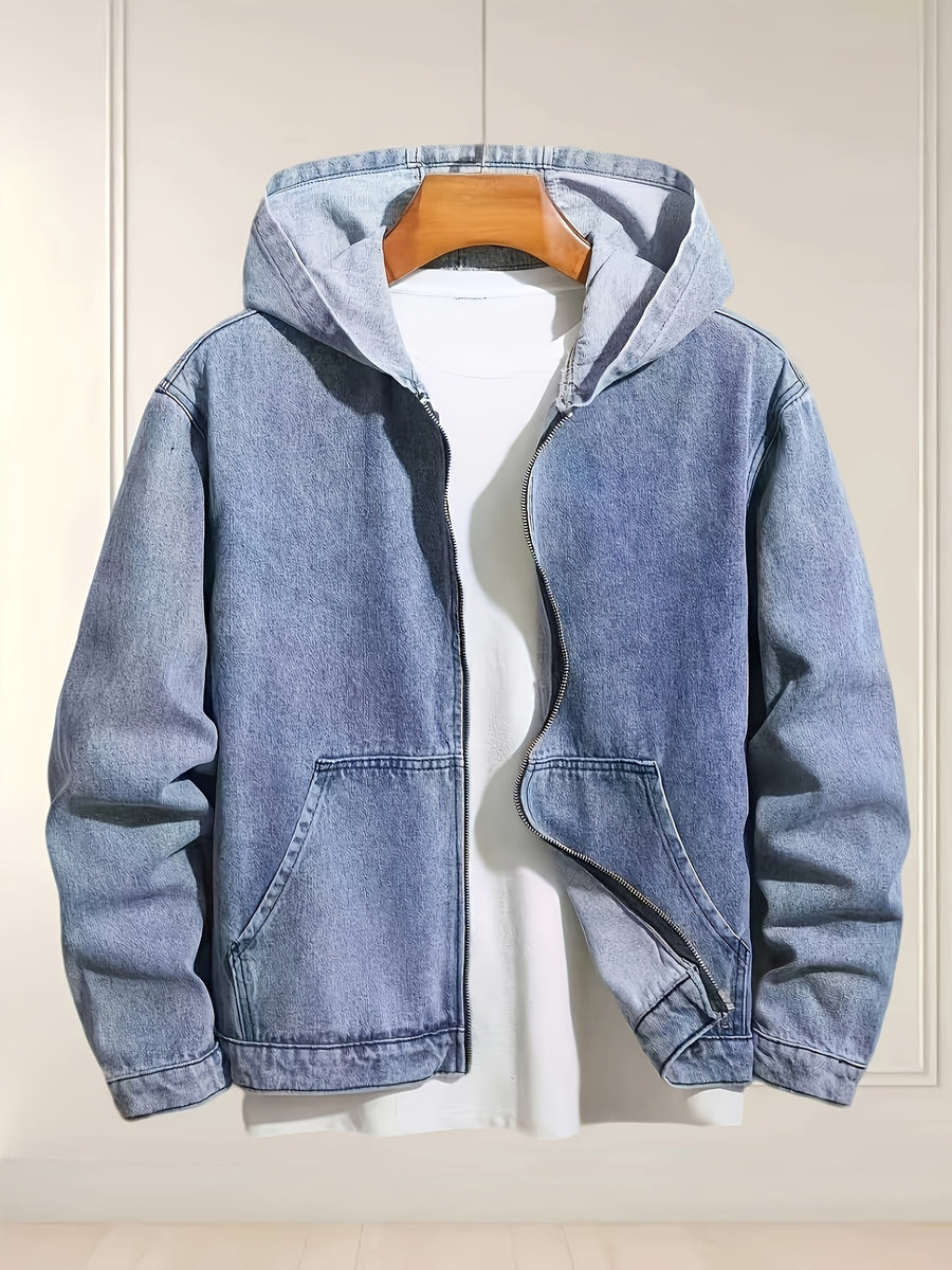 Men's Casual Loose Fit Zip-Up Hooded Denim Jacket, Blue - Medium Blue