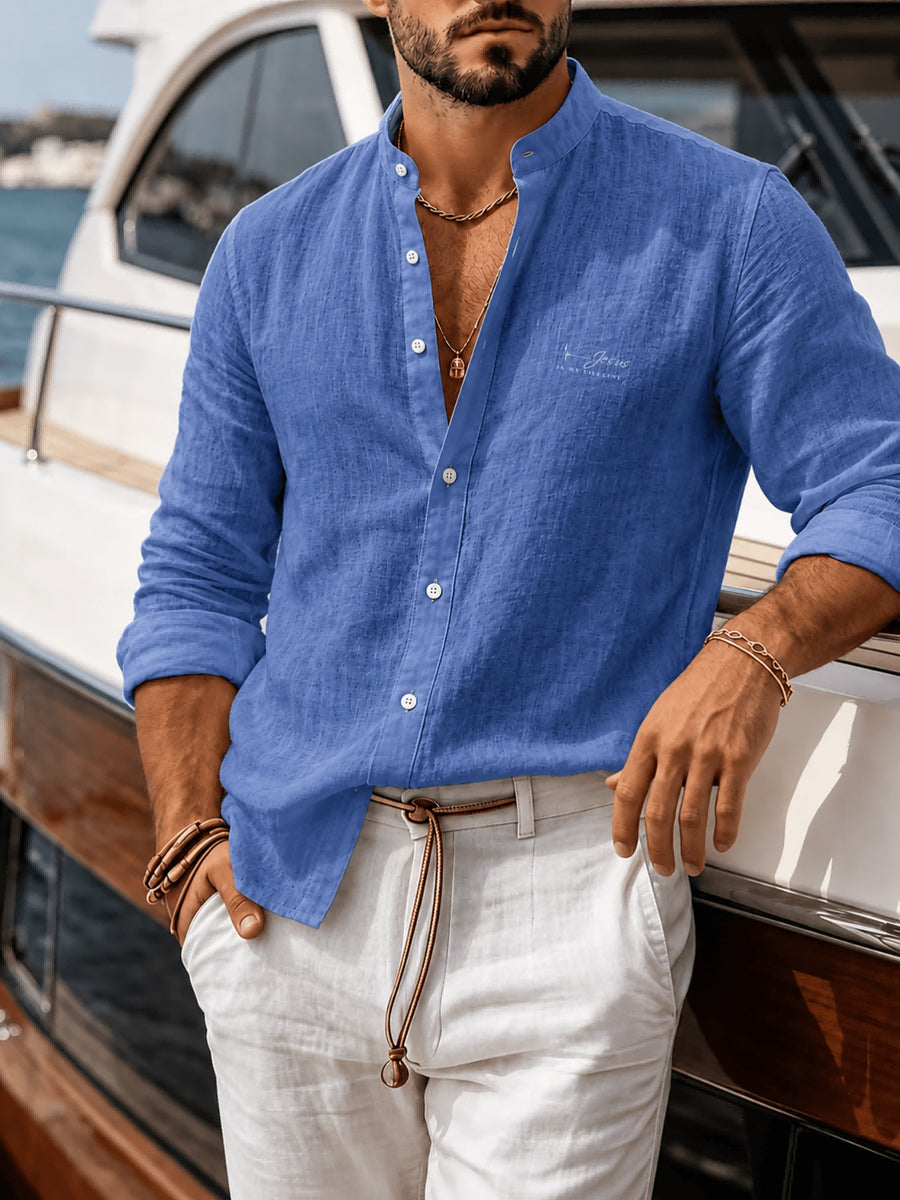 Men'S New Style Faux Linen Stand Collar Button-Up Shirt - Literary, Introverted, Fashionable, Versatile, Relaxed Texture, Trendy Loose Fit - Suitable for Beach, Vacation, Office, Formal And Casual Wear - Navy Color