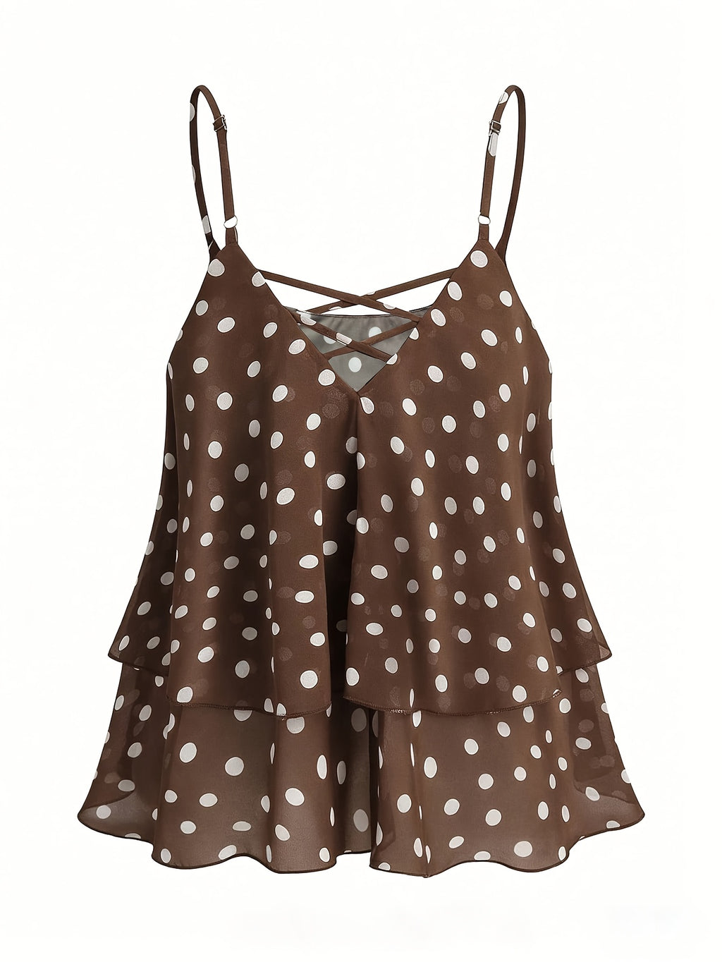 2026 New Black And White Polka Dot Spaghetti Strap Cami, Double-Layer Flowing Skirt Hem, Vacation Style Top, Lazy Style Polka Dot Chiffon Cami, Double-Layer A-Line Fit, Versatile Casual Date Sleeveless Top - Khaki