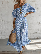 Women'S Elegant Asymmetrical Shoulder Stripe Long Dress, Summer Bohemian Vacation Loose Short Sleeve Maxi Skirt - Vibrant Blue