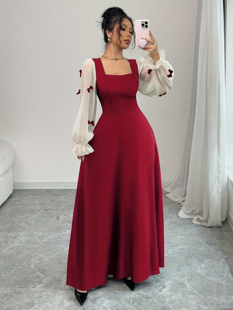 Elegant Long-Sleeve Maxi Dress with a Solid Color Bow Decoration for Valentine'S Day Party - Burgundy