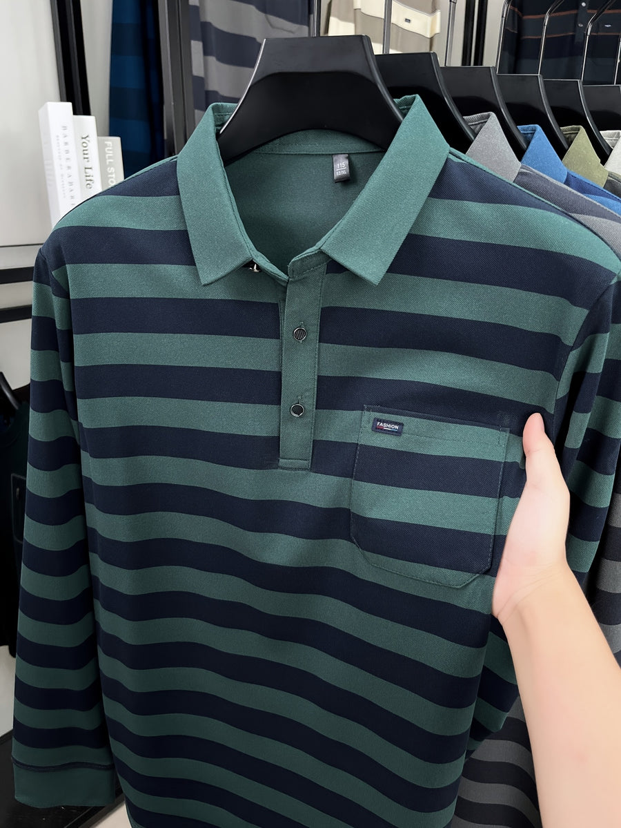 Minimalist Urban Striped Long-Sleeve Polo Shirt for Portable Daily Commuting - Green