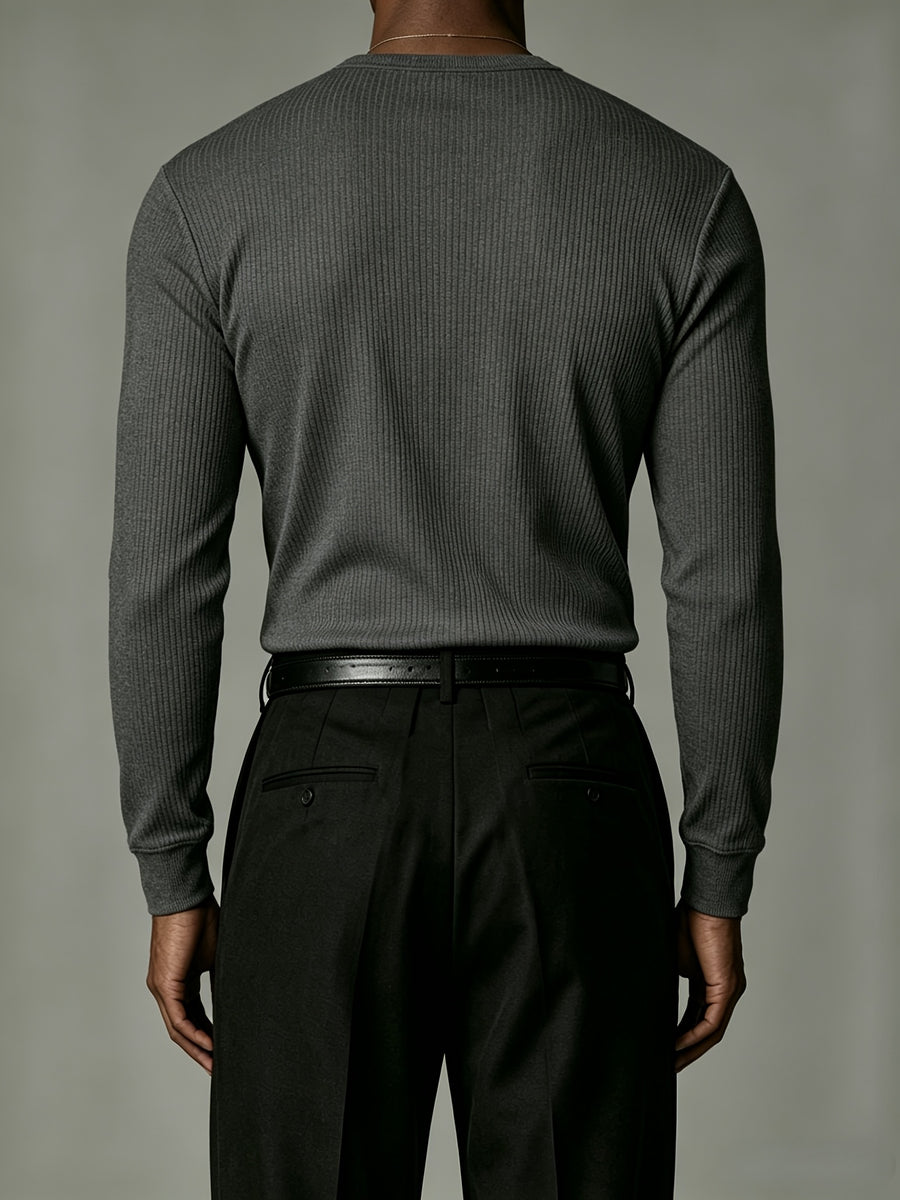 Joshmei OBM Autumn New Arrival Solid Color Half-Open Placket 7-Button Slim Fit Base Layer Shirt, Commuter Business Stretch Knit Top, Casual Versatile Long Sleeve Inner Wear - Dark Gray