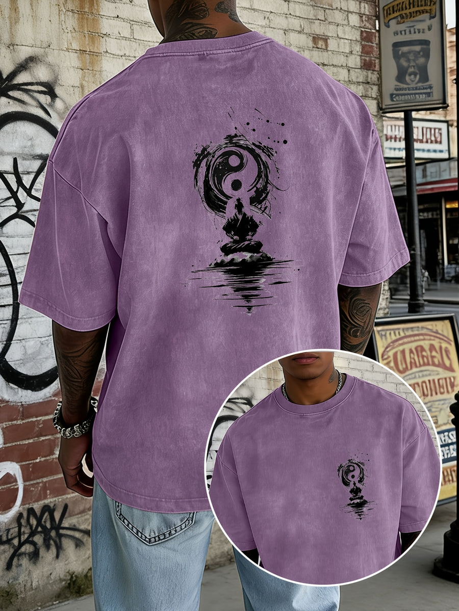 Washed and Distressed Pure Cotton Short-sleeve T-shirt with Trendy Double-sided Print Featuring Tai Chi, Zen, and Meditating Ink Wash Art. Available in 12 Colors for Mix-and-match Styling. Loose-fit Men's Top in High Street Y2K Style - Purple