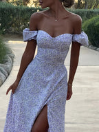 French-Style Dress - Heart-shaped Neckline with Puff Short Sleeves, Small Floral Print Design, Waist-Cinching High Slit for a Fresh and Gentle Look, Suitable for Dates, Vacations, Afternoon Tea, and Beach Photoshoots. +YYTT - Lavender