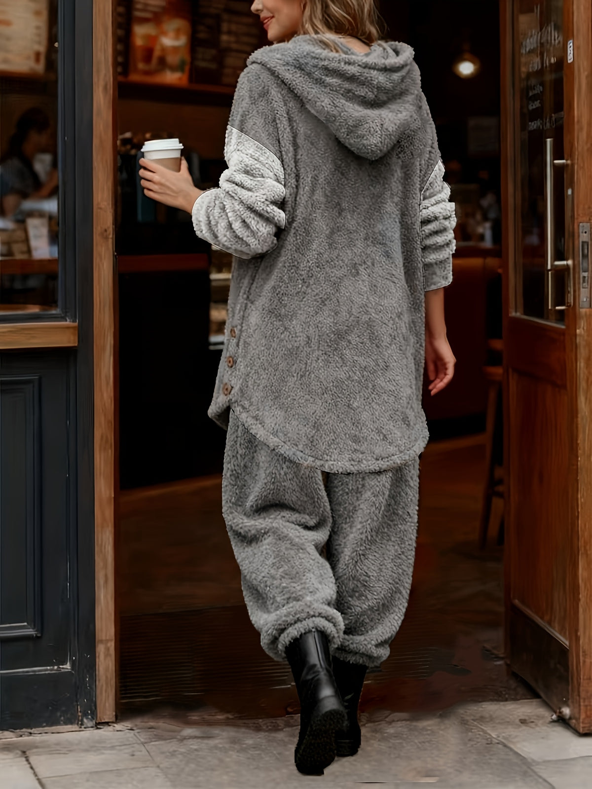 Fashion Women's Casual Autumn/Winter Hooded Long Sleeve Front Print Button Pants Set - Grey