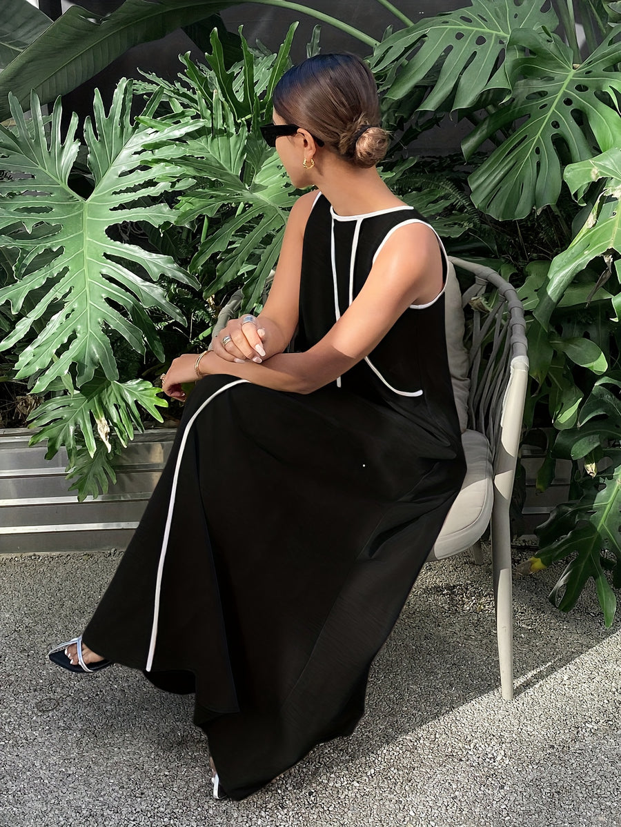 [Size for Regular Fit] Women's Simple Vacation Loose-Fit Comfortable Color-Block Contrast Trim Long Tank Dress - Black