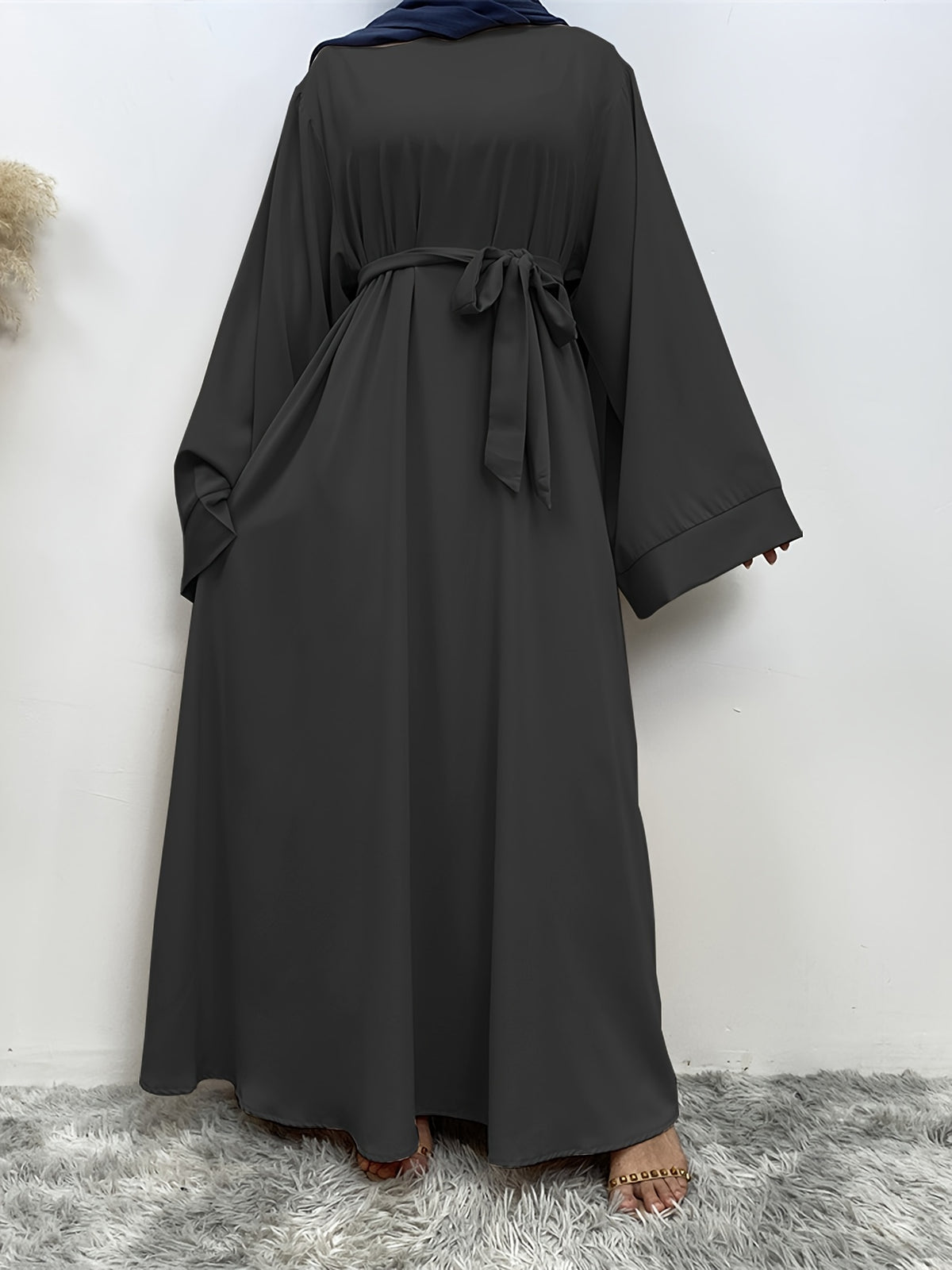 1pc Fashionable, Elegant, Comfortable, and Casual Wide-sleeved Abaya with Belt. Solid Color Suitable for Daily Wear. Loose and Comfortable Women's Abaya Dress. Ferace Tesettür Clothing, Women's Abayas for Muslim Women, Islamic Wear for Women - Black
