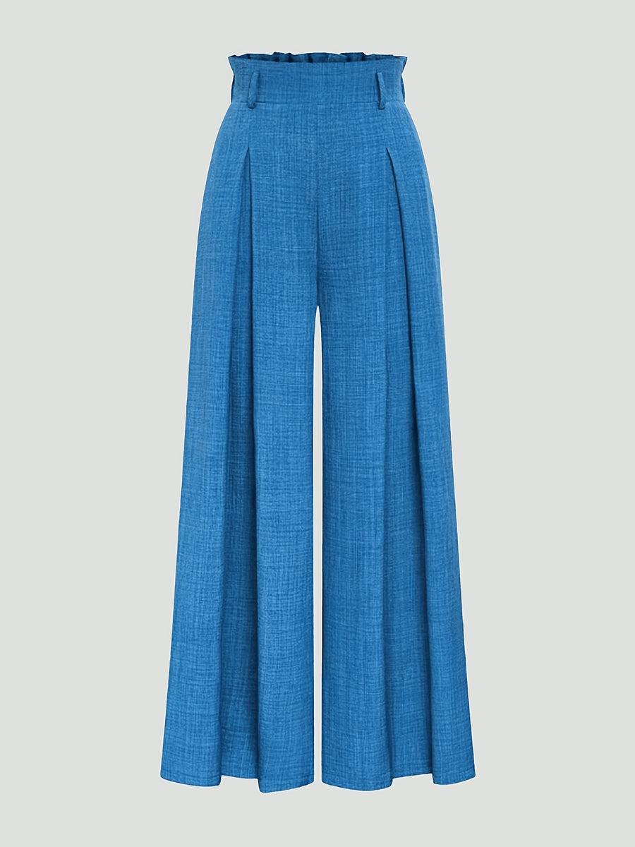 Women's High-Waisted Wide- Trousers - Loose-Fit Solid Color Pants Suitable for Daily Wear & Vacation, Beltless Spring/Summer Style for Office, Casual Outfits - Machine Washable Elegant Trousers - Deep Sky Blue