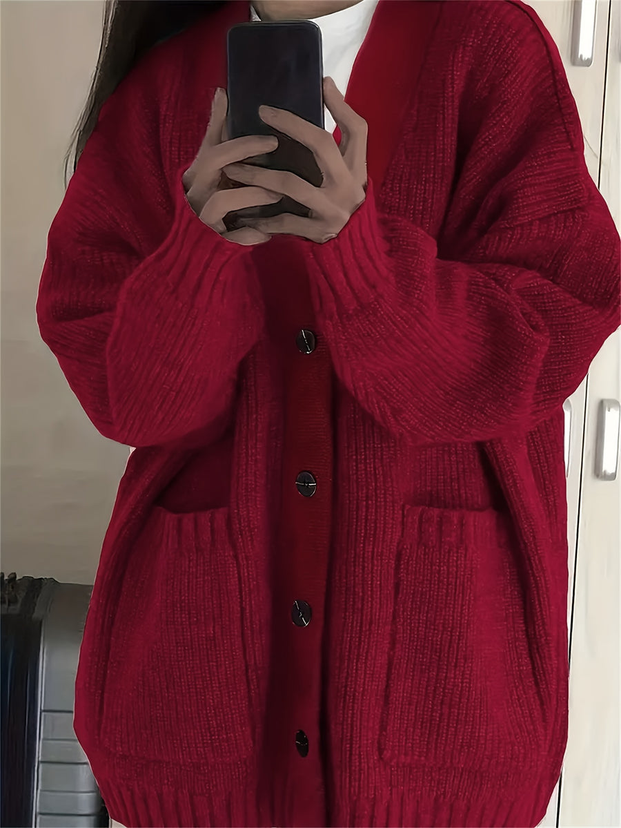 Casual V-Neck Single-Breasted Sweater Coat for Women with Double Pockets, Autumn and Winter Cardigan - Burgundy