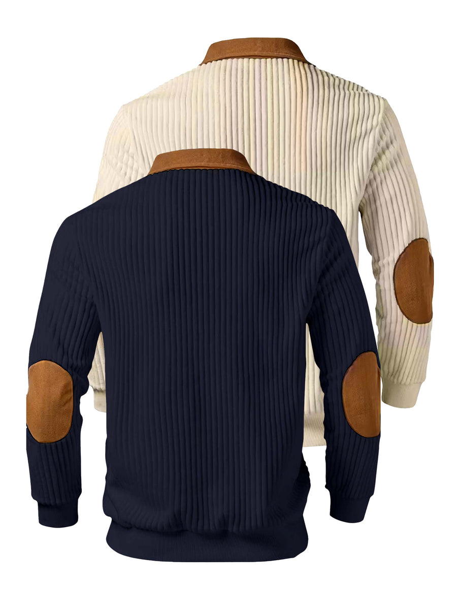 Christmas Men's Gift 2pcs Set: Men's Casual High-Turning-Head Ribbed Half-Zip Stand Collar Pullover - Color-Block Long Sleeve Pullover with Contrasting Color Design, Versatile for Daily Wear, Casual and Sporty Layering Style, Multiple Pieces - Apricot+Navy Blue