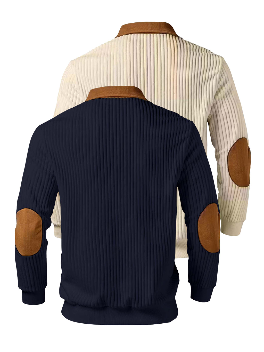 Christmas Men's Gift 2pcs Set: Men's Casual High-Turning-Head Ribbed Half-Zip Stand Collar Pullover - Color-Block Long Sleeve Pullover with Contrasting Color Design, Versatile for Daily Wear, Casual and Sporty Layering Style, Multiple Pieces - Apricot+Navy Blue