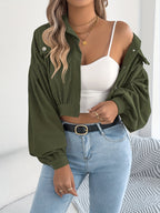 Spring Autumn Casual Vacation Solid Color Single Breasted Lantern Long Sleeve Corduroy Short Coat Women'S Jacket - Olive Green