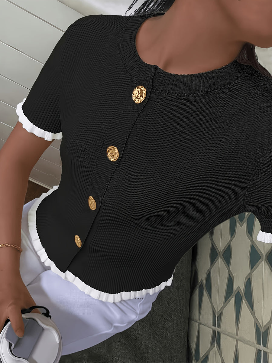 New Summer 2026 Button-Earring Edge Design, Elegant Casual Short Sleeve, Suitable for Dating and Daily Wear, Short Women's Cardigan - Black
