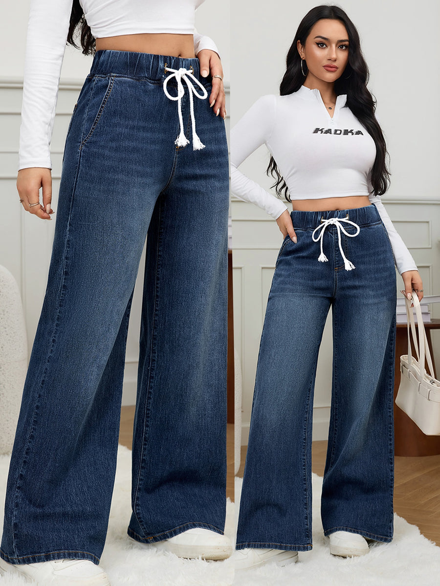 2025 New Arrival: Women'S Elastic High-Waist Drawstring Blue Jeans, Casual Fashion Slant Pocket Loose Wide Leg Denim Trousers - Blue