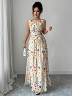 Spring/Summer Women's Elegant Fresh Floral Mesh Apricot Round Neck Waist-Tie Drawstring A-Line Sleeveless Maxi Dress YY251221206 - Multicolor