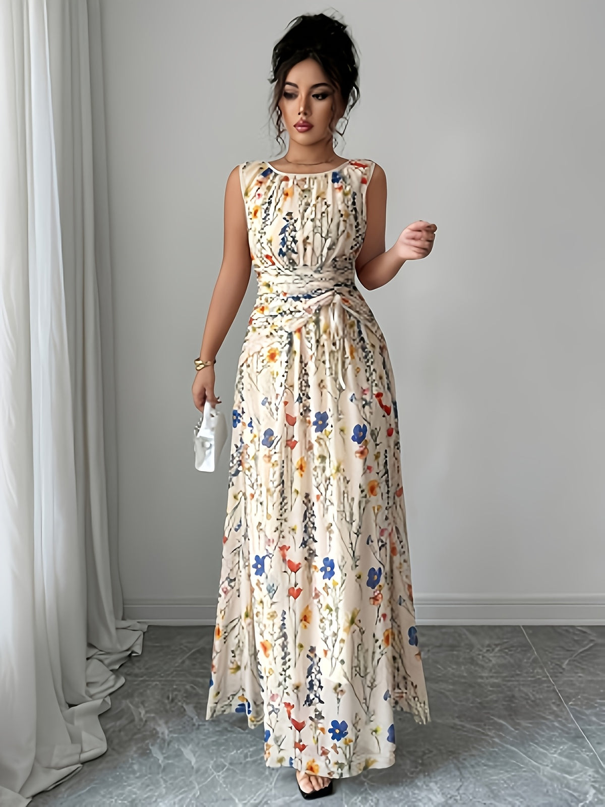 Spring/Summer Women's Elegant Fresh Floral Mesh Apricot Round Neck Waist-Tie Drawstring A-Line Sleeveless Maxi Dress YY251221206 - Multicolor