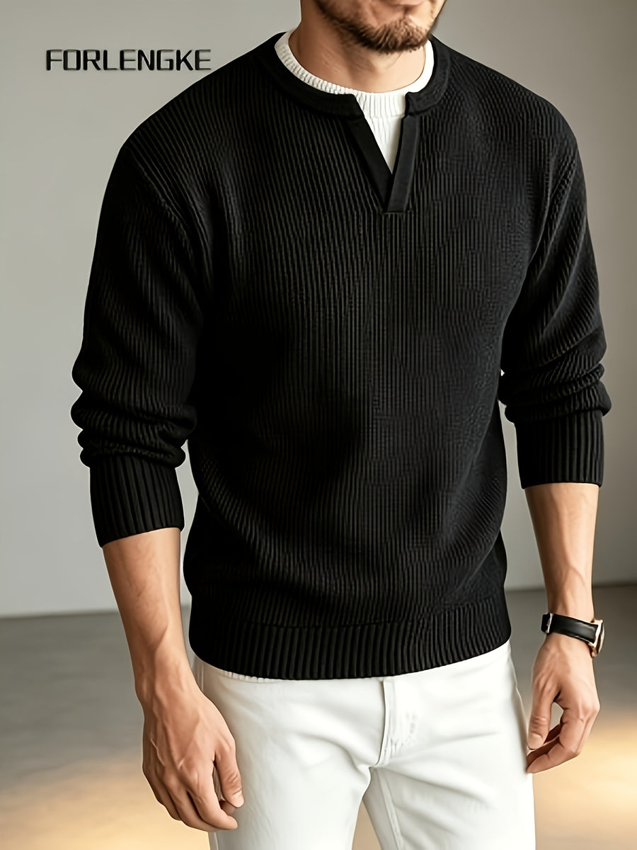 FORLENGKE Men'S Faux 2pcs V-Neck Sweater Autumn New Heavyweight Thick Needle Color-Block Knitwear, Easy Small V-Neck Design Creating Layered Look, Soft And Thick Fabric Comfortable And Skin-Friendly, Loose And Versatile Fit - Black