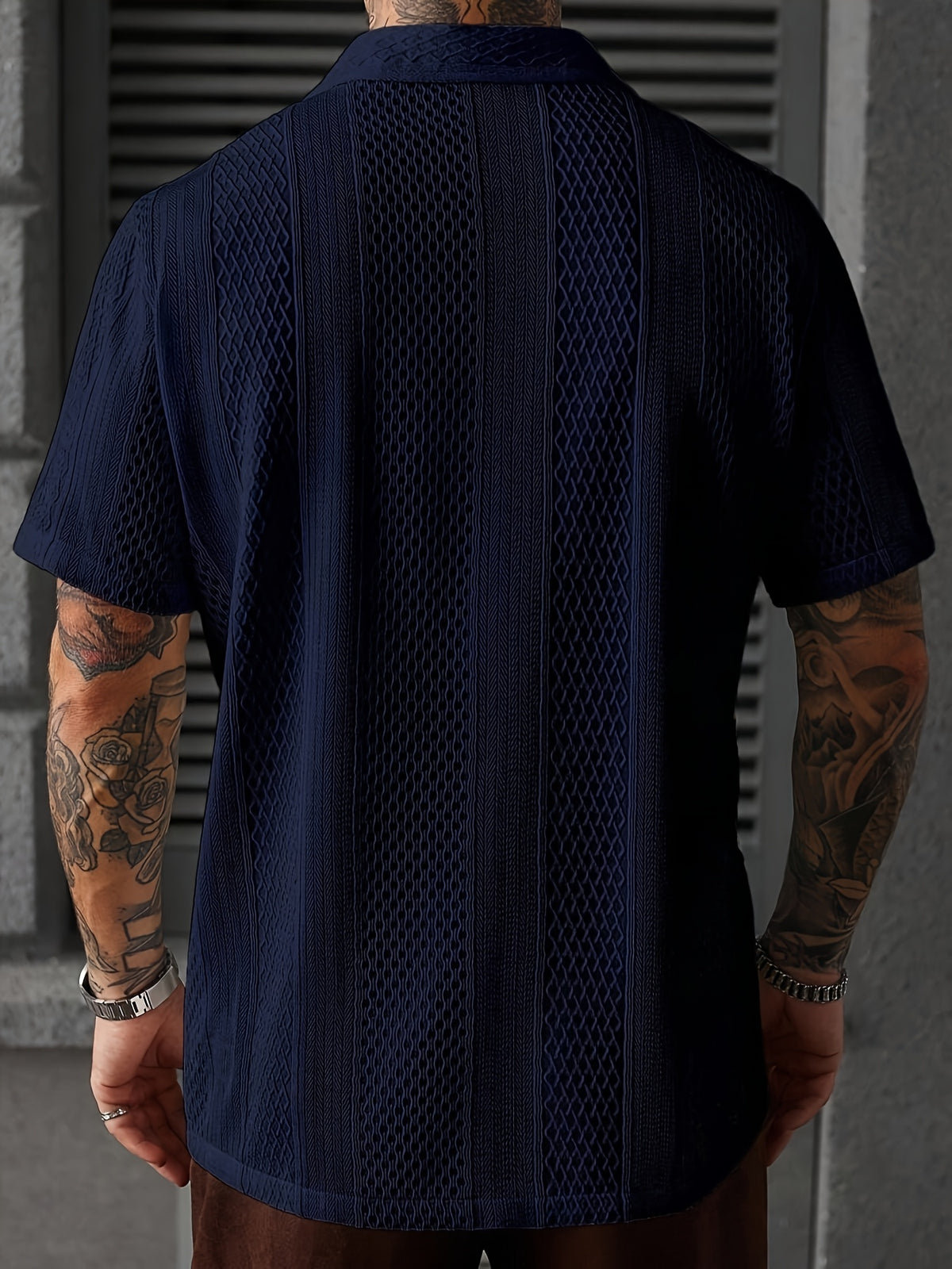 Men'S Solid Color Knitted Short Sleeve Shirt - Blue